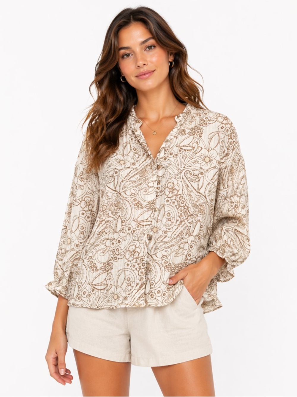 EUC Aegean Size Medium 100% Linen Cream & Floral Patterned Women's Top